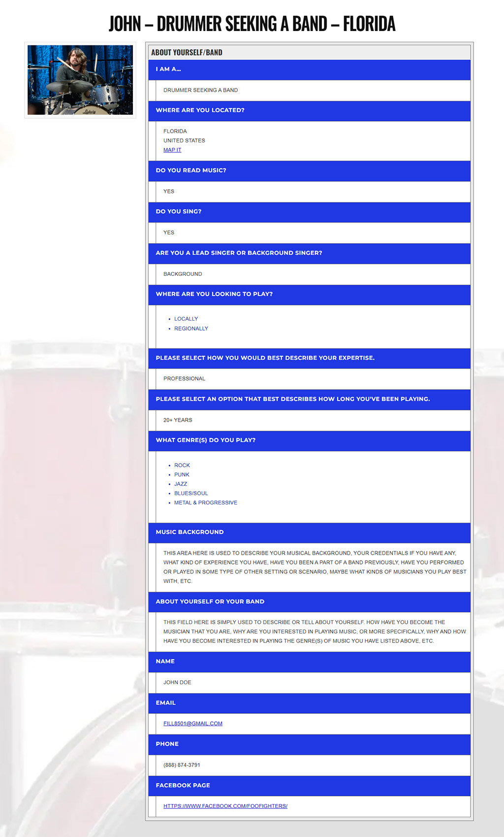 an example profile from drummers national registry