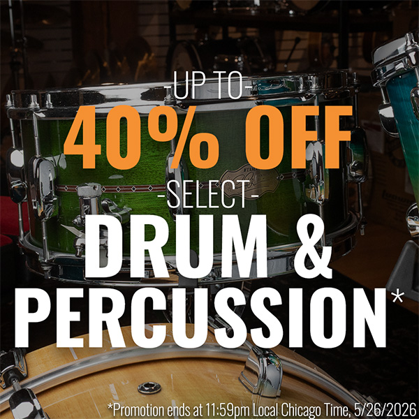 picture of drums with a discount offer overlaying it in orange and white text